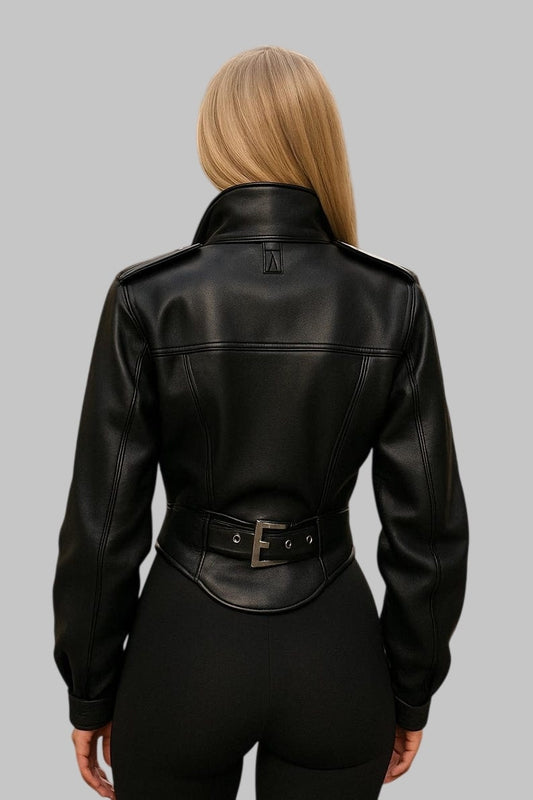 Women Black Leather Corset Jacket High Collar