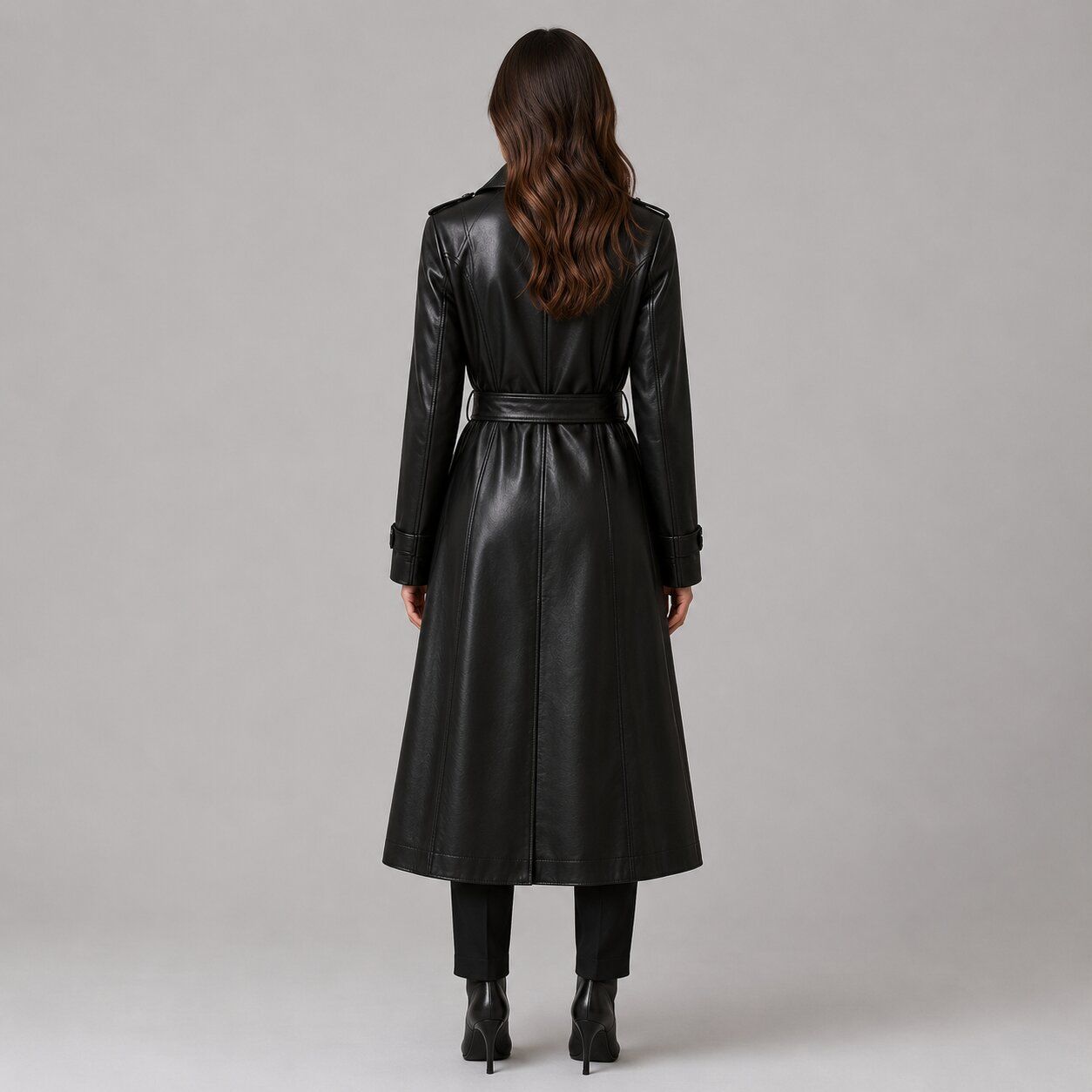 Women Black Leather Trench Coat – Timeless Sophistication back view  by avanzar leather