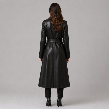 Women Black Leather Trench Coat – Timeless Sophistication back view  by avanzar leather