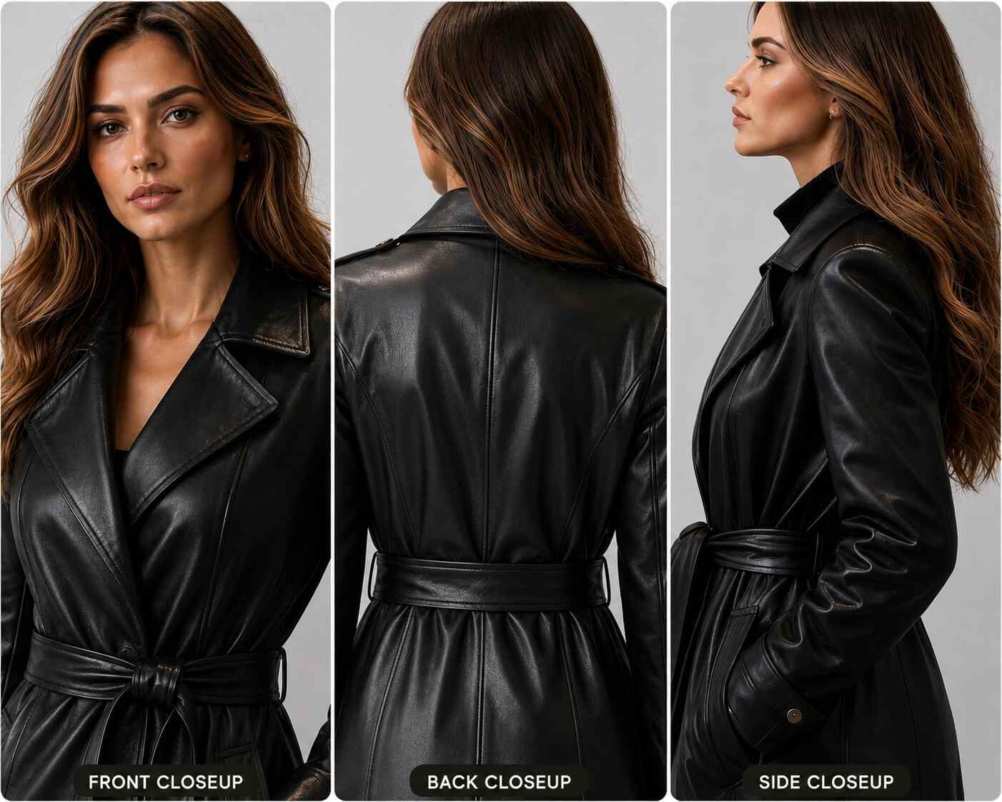 Women Black Leather Trench Coat – Timeless Sophistication closeup view  by avanzar leather