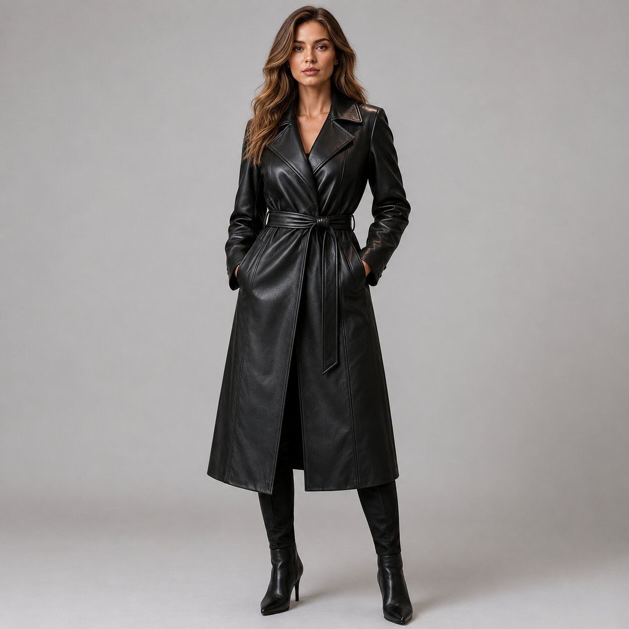 Women Black Leather Trench Coat – Timeless Sophistication front view  by avanzar leather
