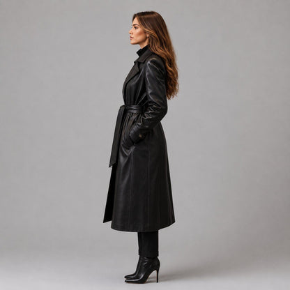 Women Black Leather Trench Coat – Timeless Sophistication sid view  by avanzar leather