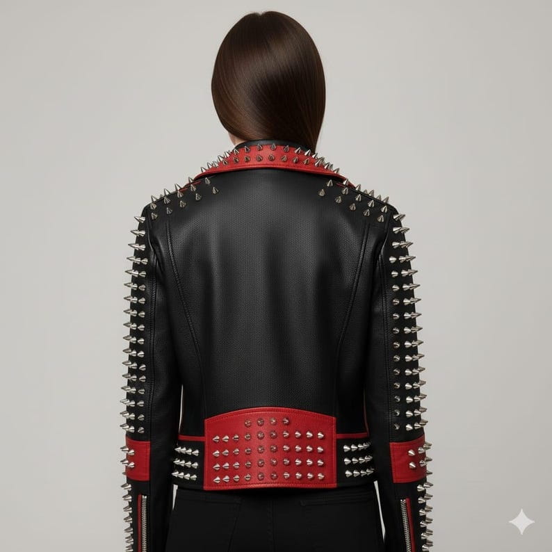 Women Black Red Spiked Studded Leather Biker Jacket