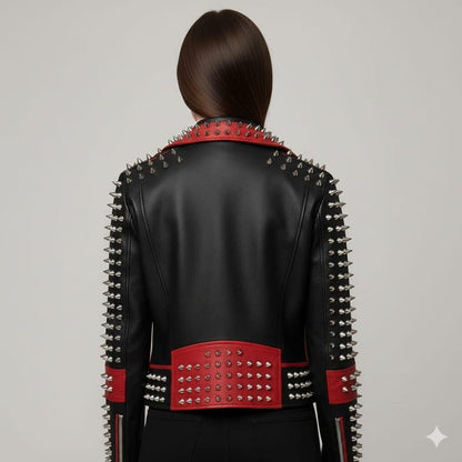 Women Black Red Spiked Studded Leather Biker Jacket