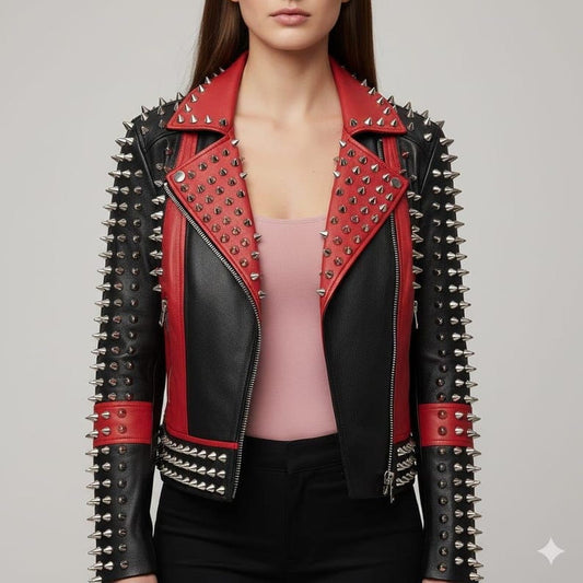 Women Black Red Spiked Studded Leather Biker Jacket