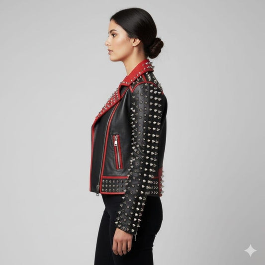 Women Black Red Spiked Studded Leather Biker Jacket