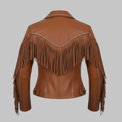 Women Brown Fringe and Studded Western Leather Jacket