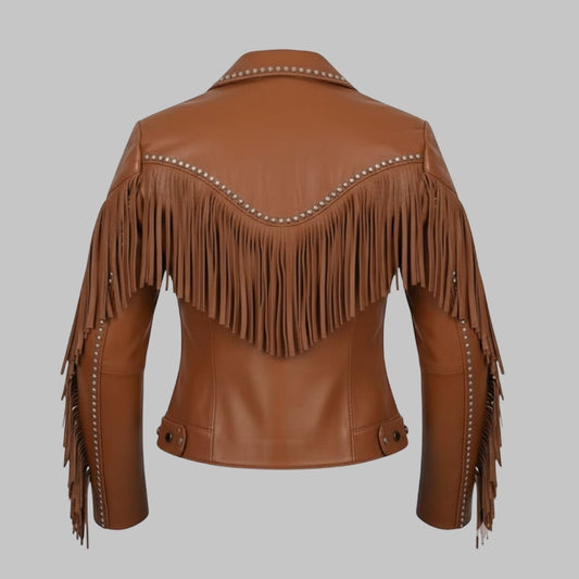 Women Brown Fringe and Studded Western Leather Jacket