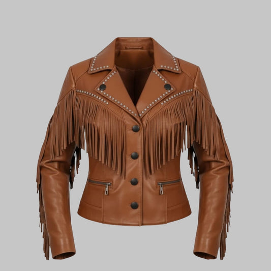 Women Brown Fringe and Studded Western Leather Jacket