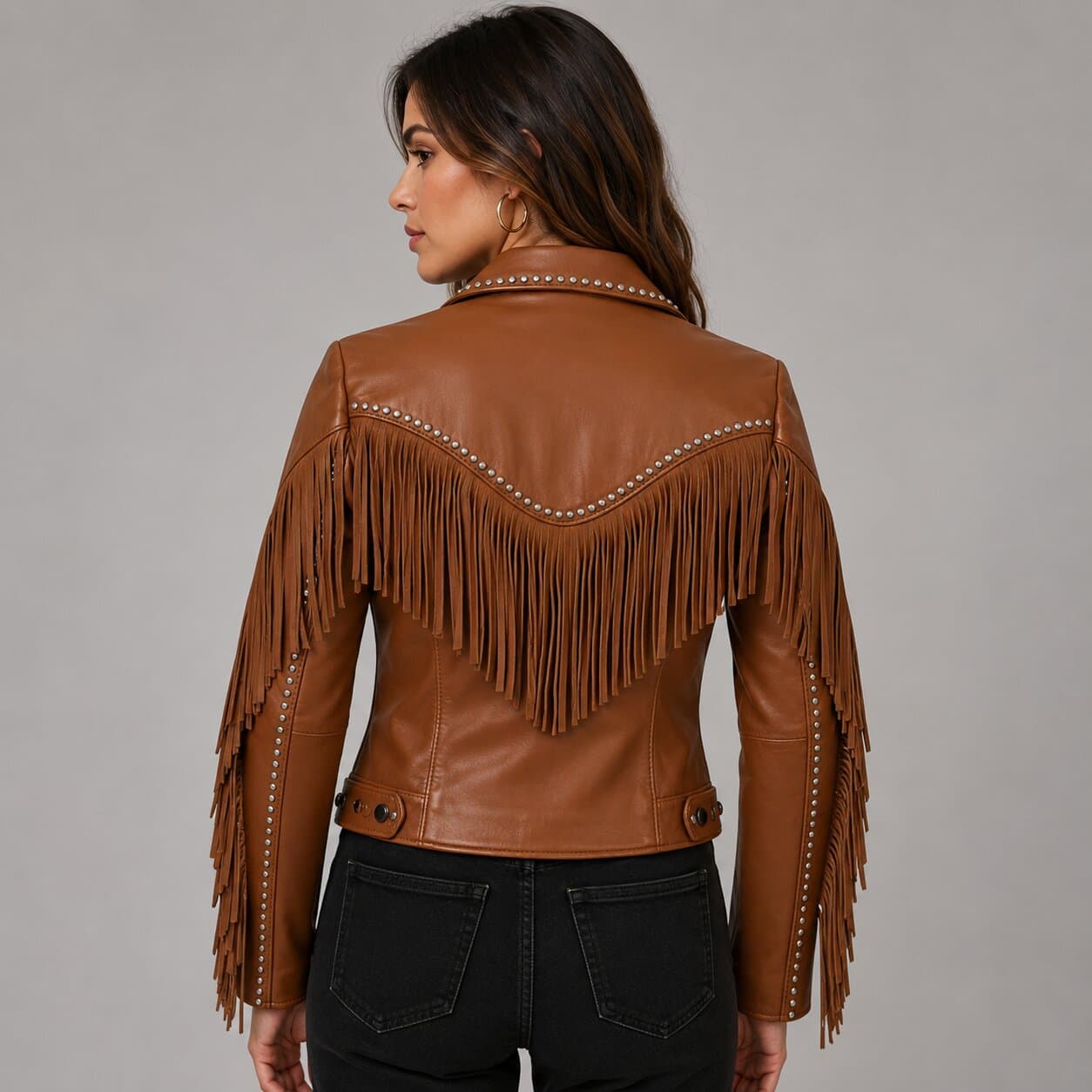Women Brown Fringe and Studded Western Leather Jacket - Premium Western Style back view by avanzar leather