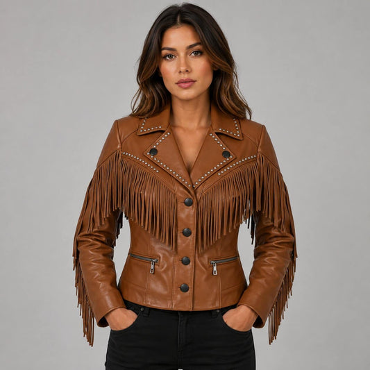 Women Brown Fringe and Studded Western Leather Jacket - Premium Western Style front view by avanzar leather