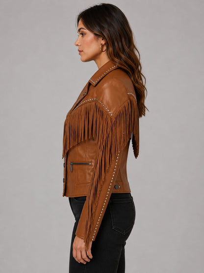 Women Brown Fringe and Studded Western Leather Jacket - Premium Western Style sid view by avanzar leather