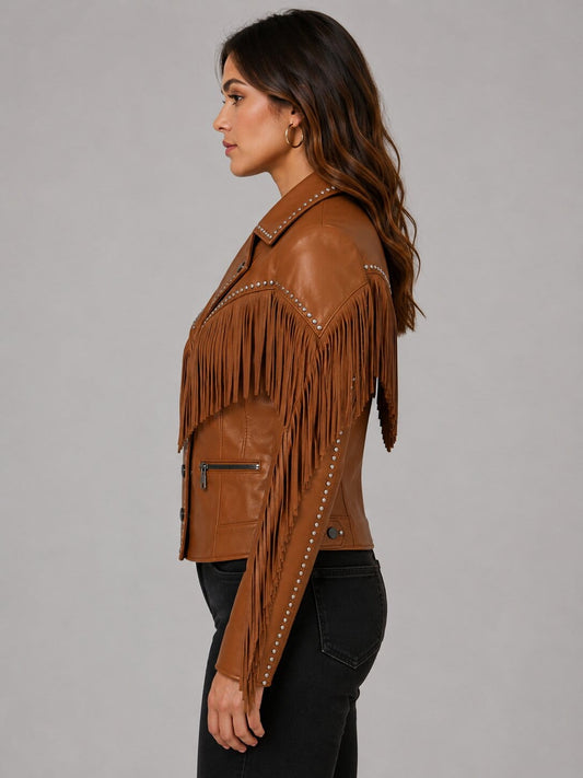 Women Brown Fringe and Studded Western Leather Jacket - Premium Western Style sid view by avanzar leather