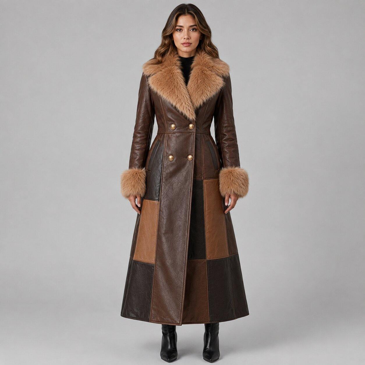 Women Brown Leather Long Trench Coat Real Leather Fur Collar Maxi Coat front view  by avanzar leather