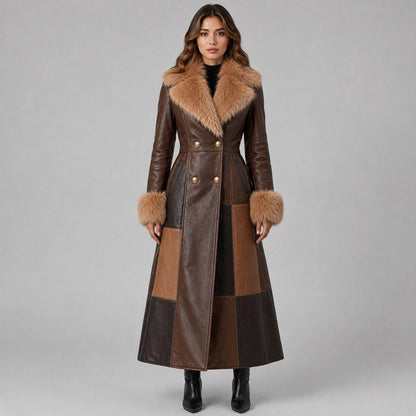 Women Brown Leather Long Trench Coat Real Leather Fur Collar Maxi Coat front view  by avanzar leather