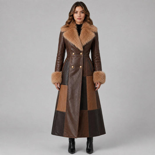 Women Brown Leather Long Trench Coat Real Leather Fur Collar Maxi Coat front view  by avanzar leather