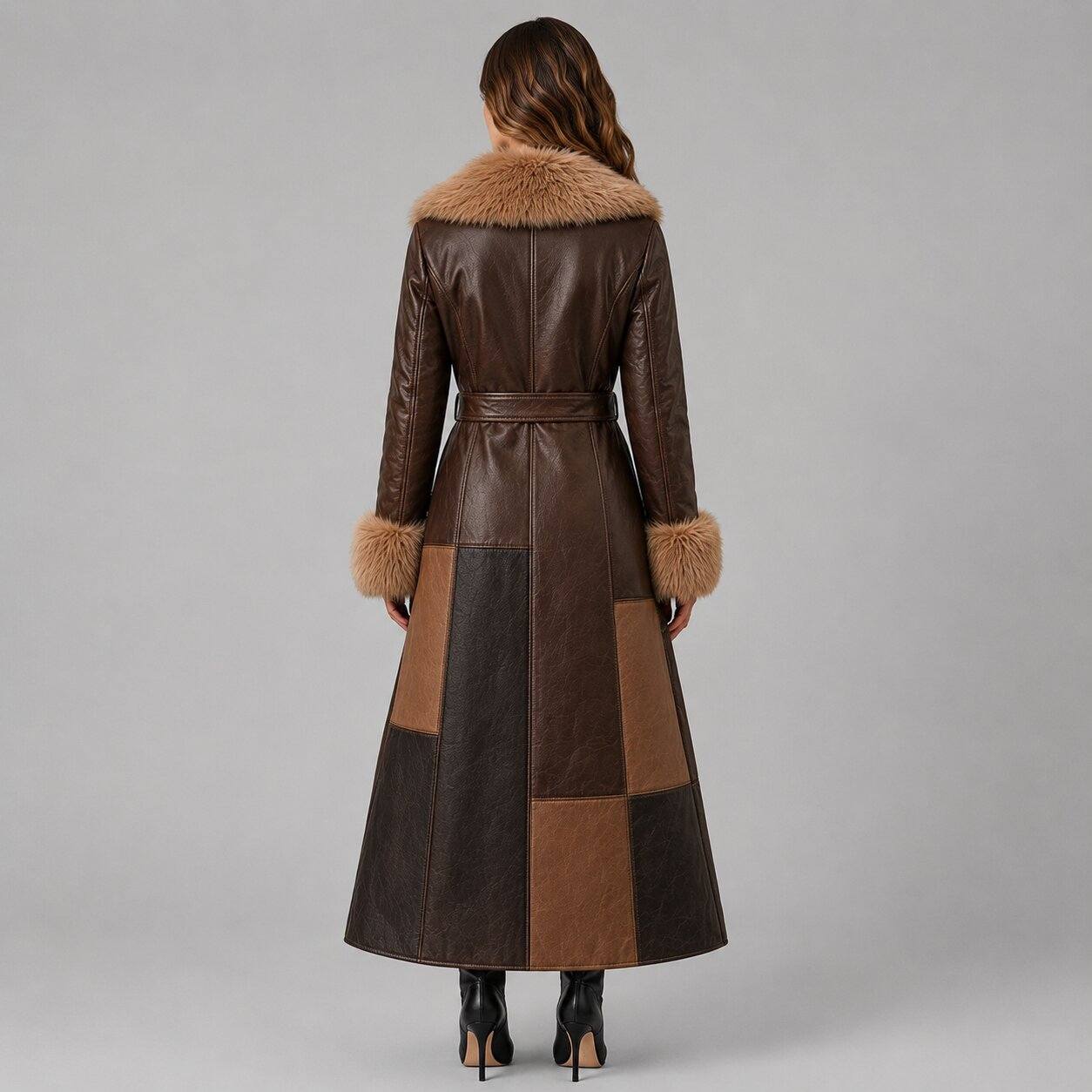 Women Brown Leather Long Trench Coat Real Leather Fur Collar Maxi Coat back view by avanzar leather