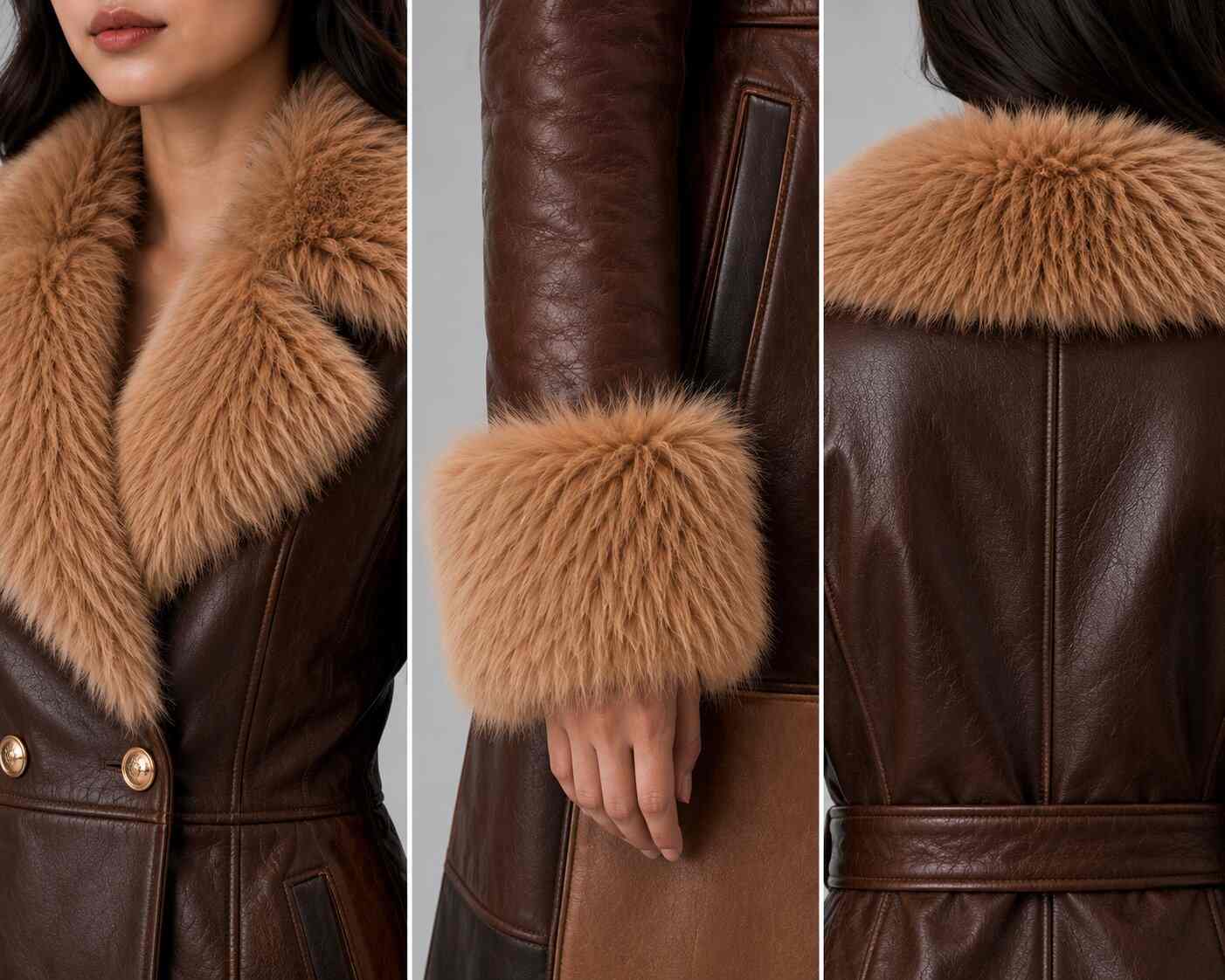 Women Brown Leather Long Trench Coat Real Leather Fur Collar Maxi Coat closeup view by avanzar leather