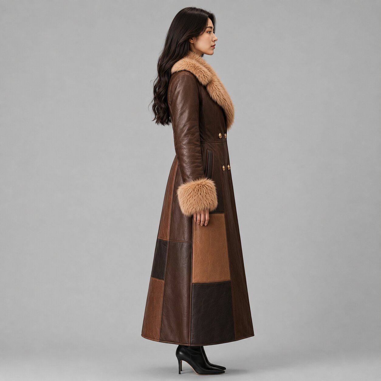 Women Brown Leather Long Trench Coat Real Leather Fur Collar Maxi Coat sid view by avanzar leather