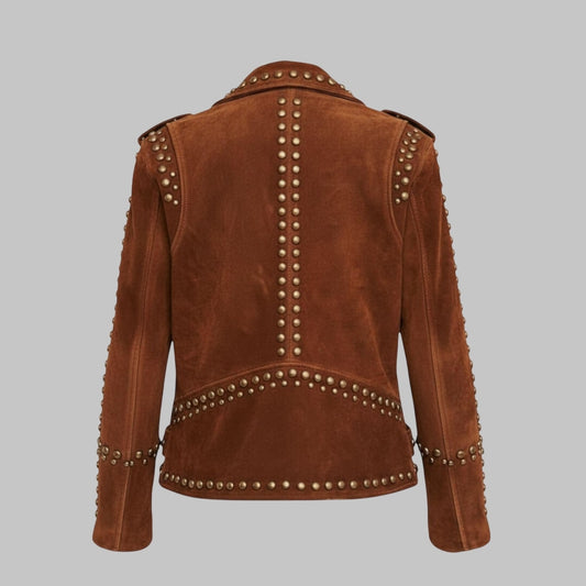 Women Brown Suede Studded Biker Leather Jacket