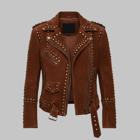 Women Brown Suede Studded Biker Leather Jacket