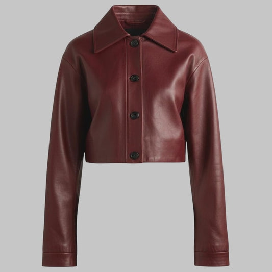 Women Burgundy Cropped Leather Jacket Handmade