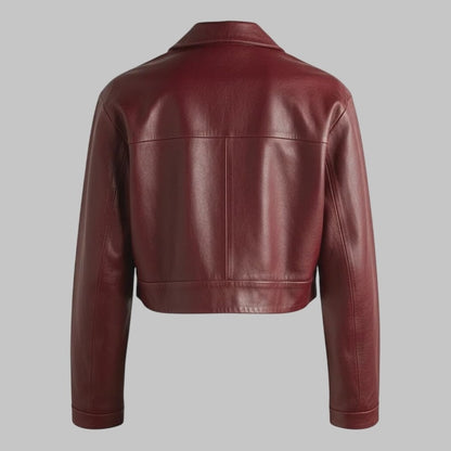 Women Burgundy Cropped Leather Jacket Handmade