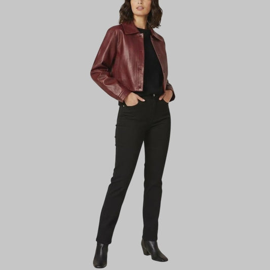 Women Burgundy Cropped Leather Jacket Handmade