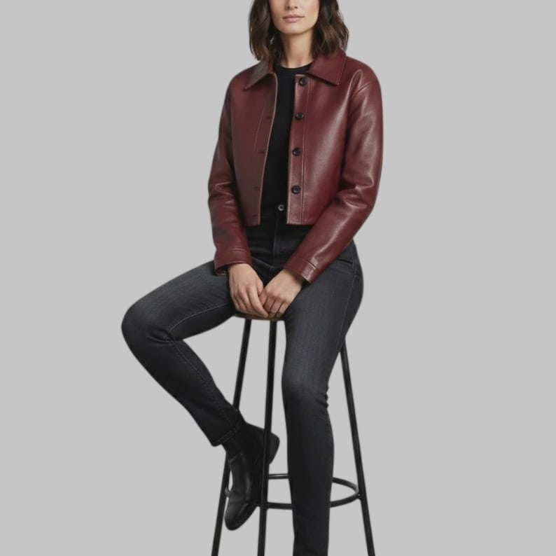 Women Burgundy Cropped Leather Jacket Handmade