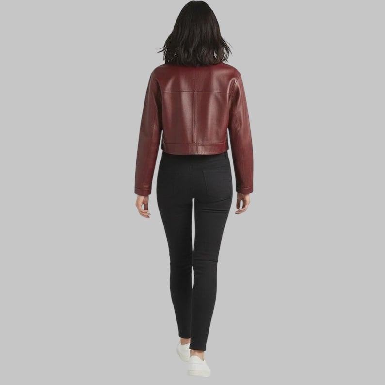 Women Burgundy Cropped Leather Jacket Handmade