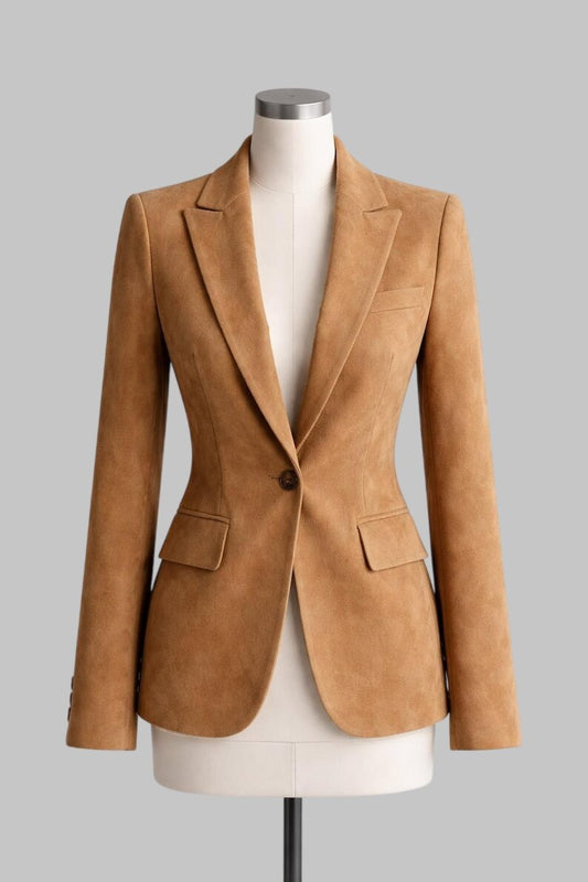Women Camel Suede Leather Blazer Classic Single Button Coat