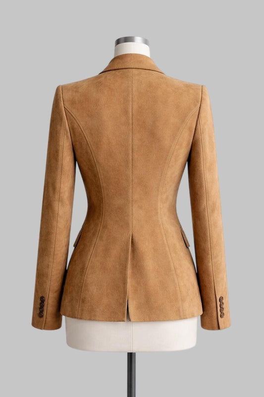 Women Camel Suede Leather Blazer Classic Single Button Coat