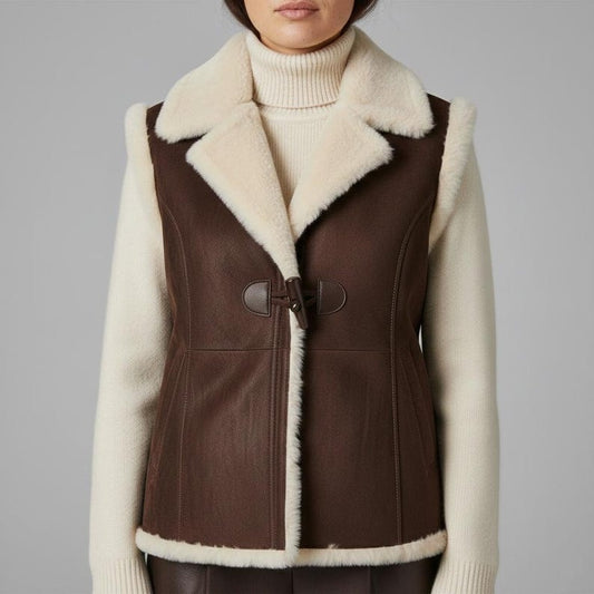 Women Dark Brown Suede Shearling Leather Vest