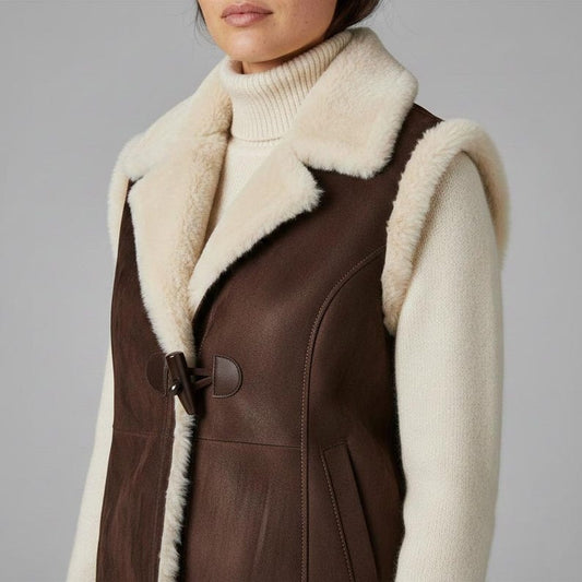 Women Dark Brown Suede Shearling Leather Vest