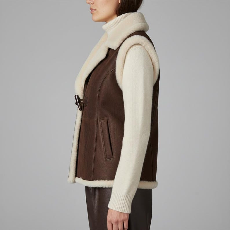 Women Dark Brown Suede Shearling Leather Vest