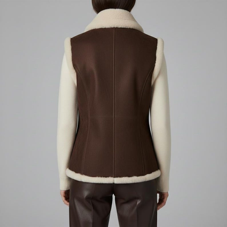 Women Dark Brown Suede Shearling Leather Vest