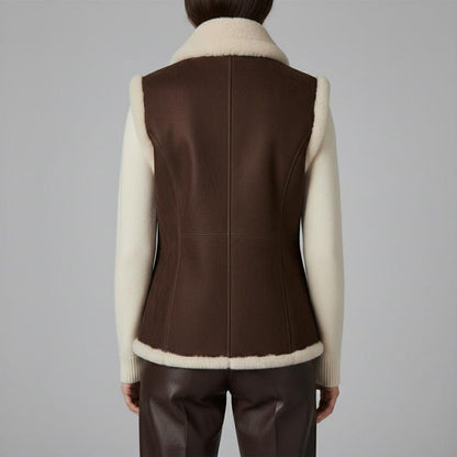 Women Dark Brown Suede Shearling Leather Vest