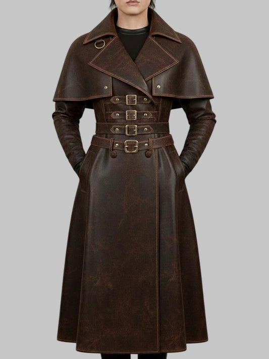 Women Distressed Brown Leather Trench Coat Steampunk