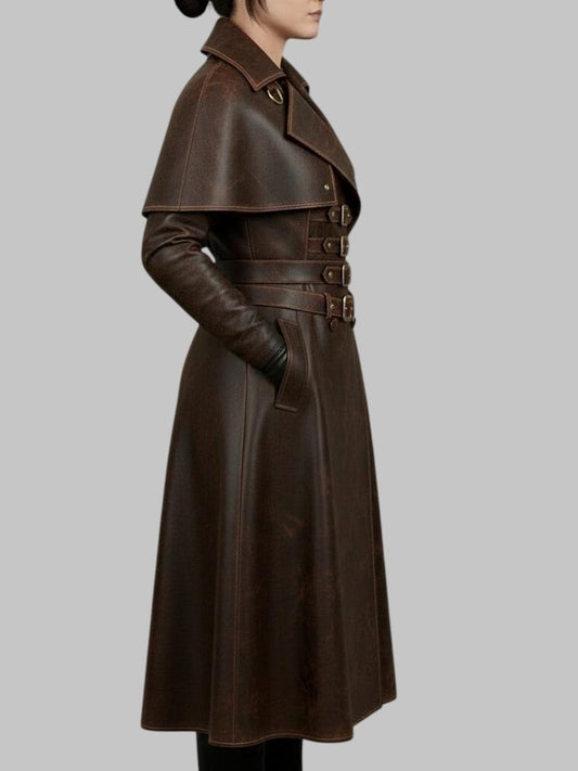 Women Distressed Brown Leather Trench Coat Steampunk