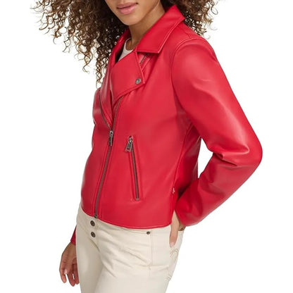 Women Faux Leather Red Moto Jacket - Avanzar Leather