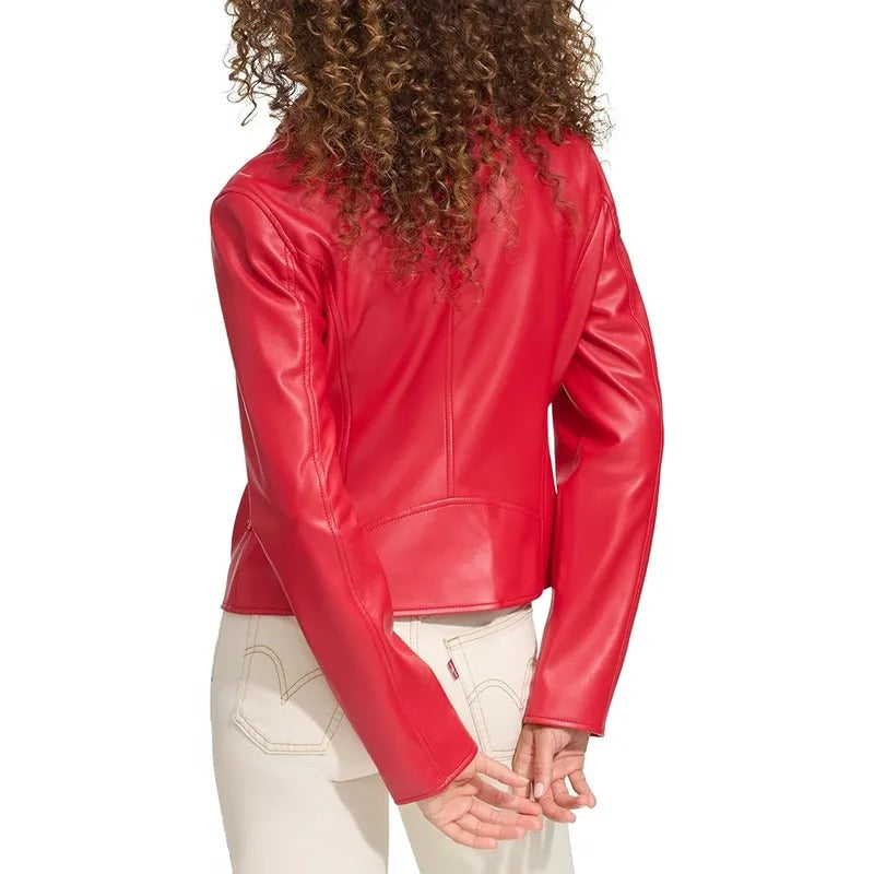 Women Faux Leather Red Moto Jacket - Avanzar Leather