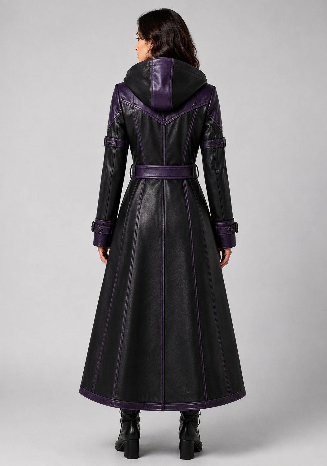 Women Halloween Leather Trench Coat – Luxury Lambskin Design back view by avanzar leather