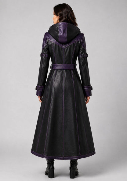 Women Halloween Leather Trench Coat – Luxury Lambskin Design back view by avanzar leather