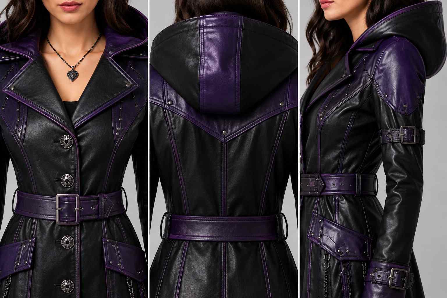 Women Halloween Leather Trench Coat – Luxury Lambskin Design closeup view by avanzar leather
