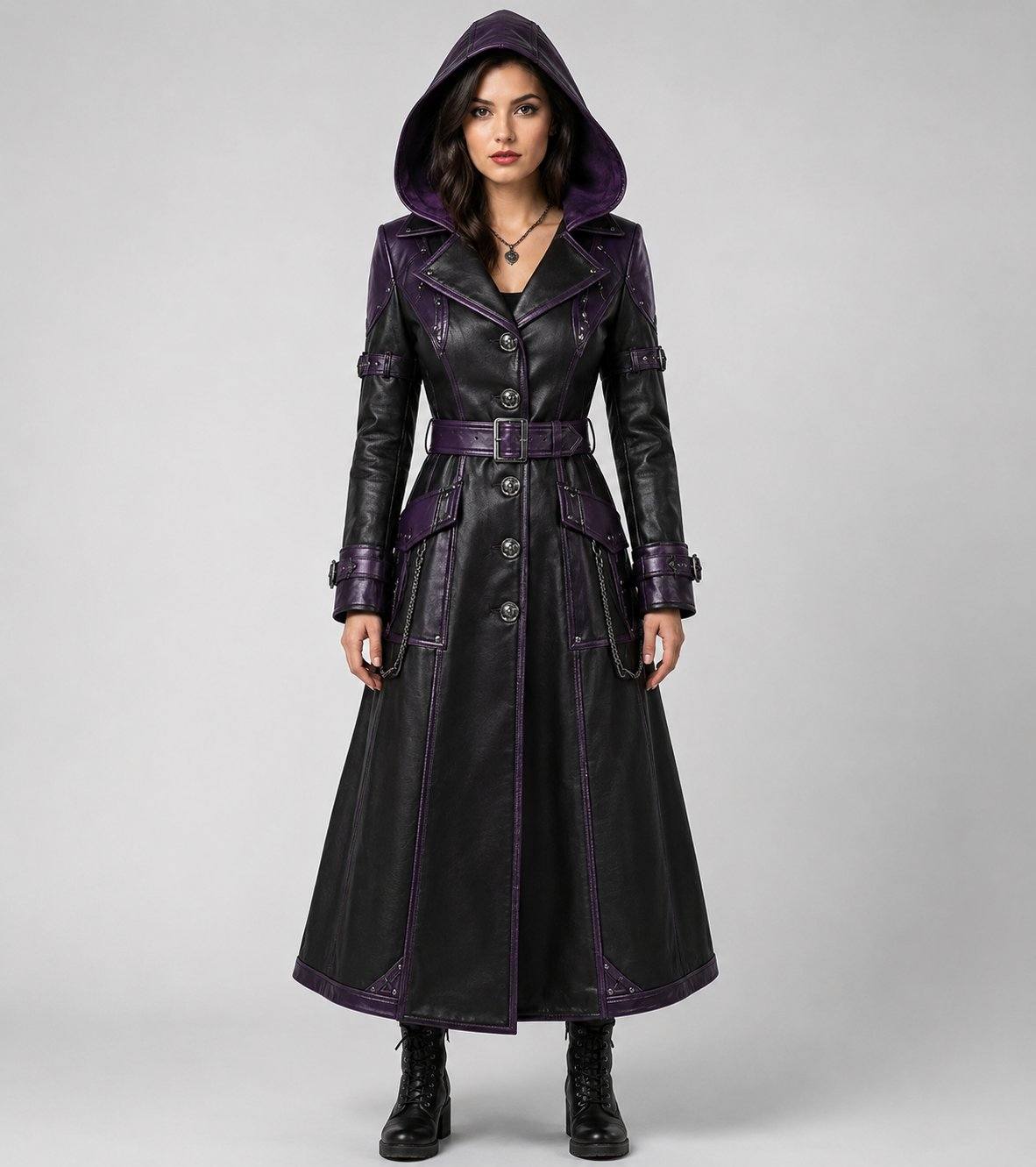 Women Halloween Leather Trench Coat – Luxury Lambskin Design front view by avanzar leather