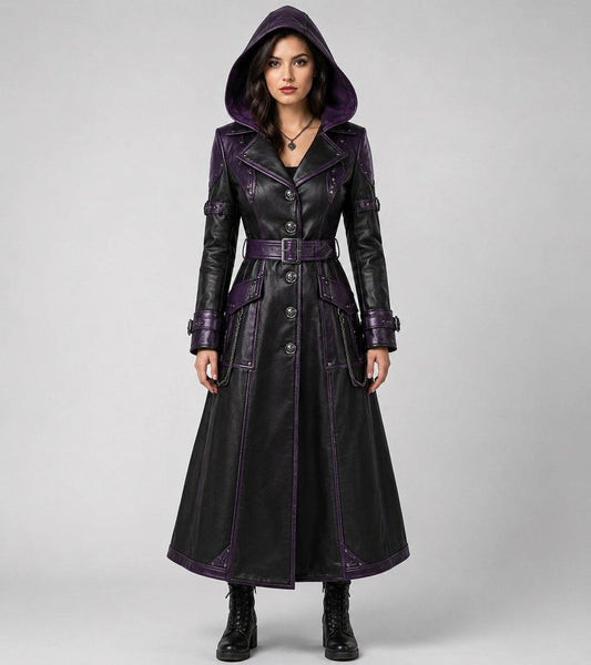 Women Halloween Leather Trench Coat – Luxury Lambskin Design front view by avanzar leather