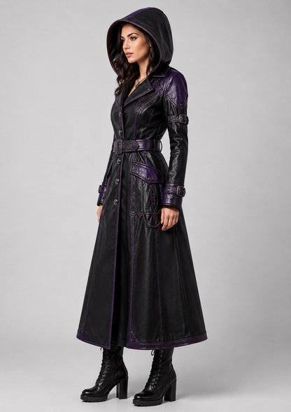 Women Halloween Leather Trench Coat – Luxury Lambskin Design sid view by avanzar leather