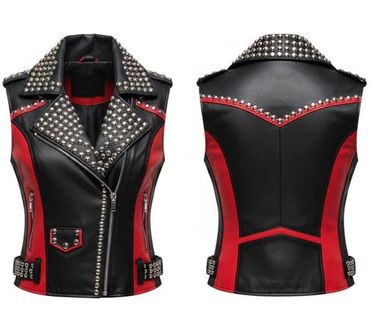 Women Red Black Studded Punk Leather Vest