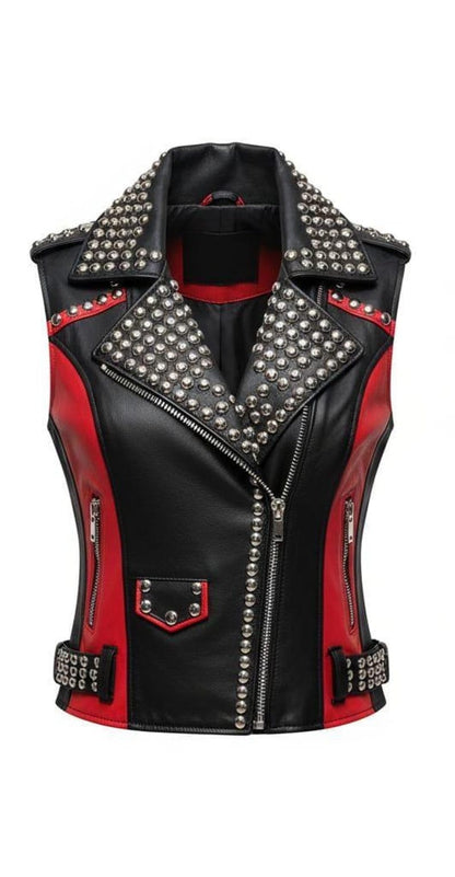 Women Red Black Studded Punk Leather Vest