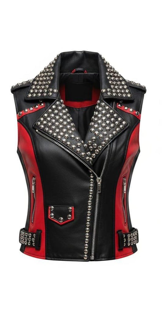 Women Red Black Studded Punk Leather Vest
